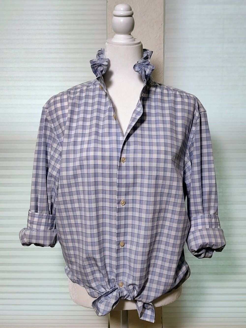 Women's Light Blue Check Ruffle-Collar Shirt